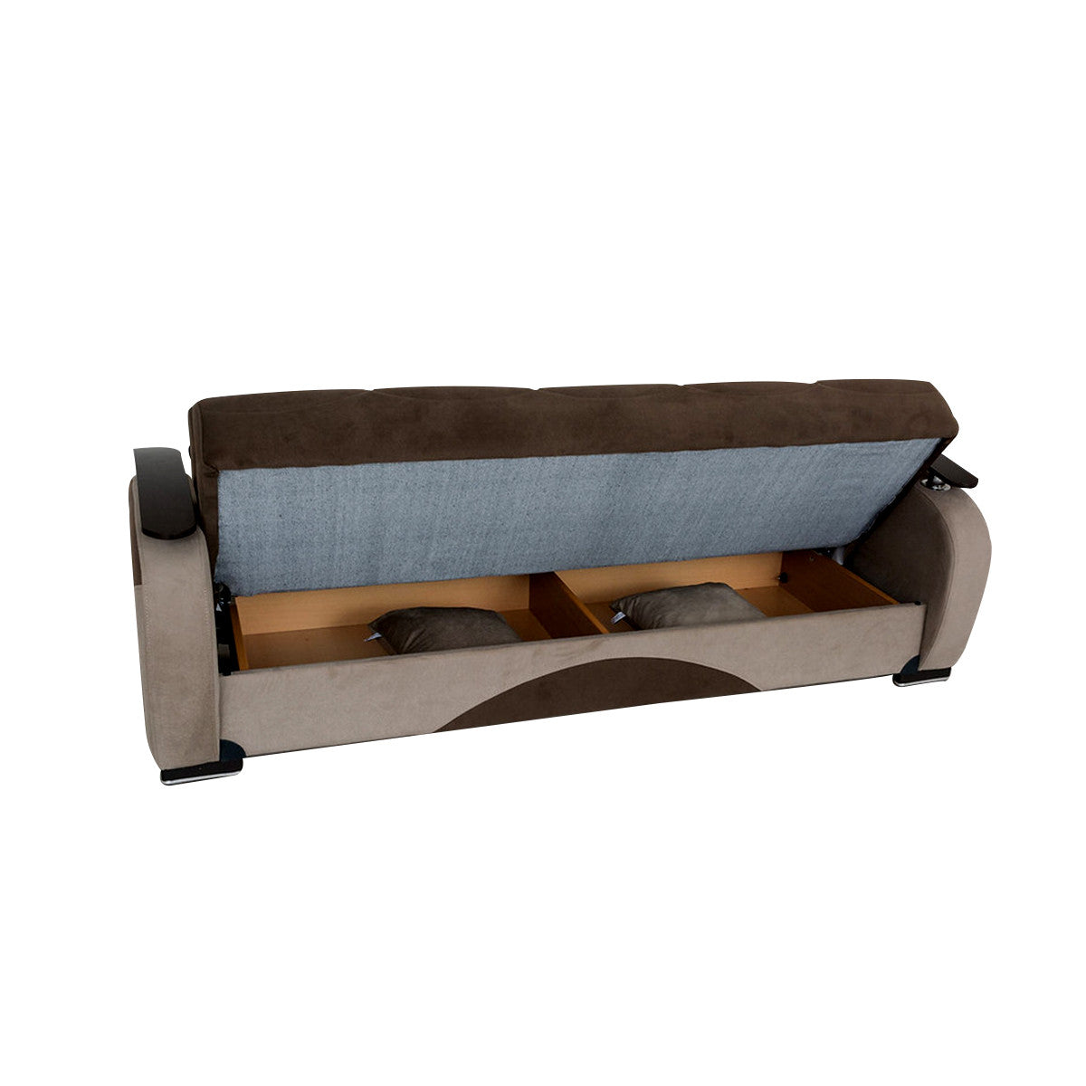 Besan Dark Beige Fabric w-Wood Arm Loveseat