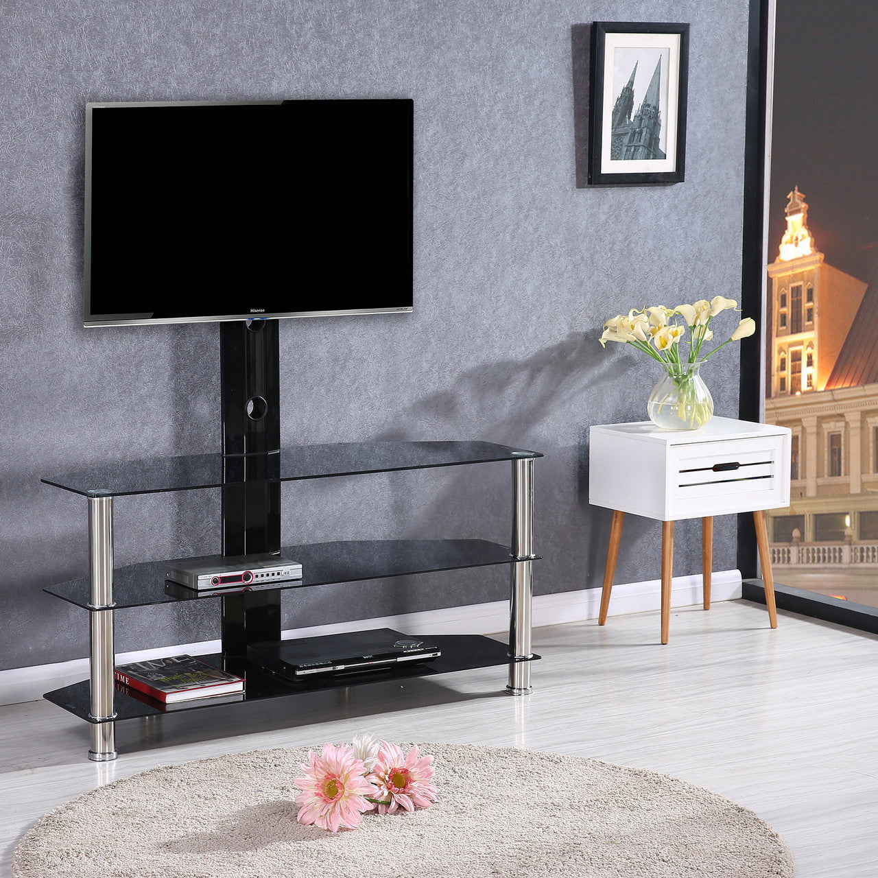 Go Green Woods Ella Swivel Mount Black Glass TV Stand for up to 55-inch TV