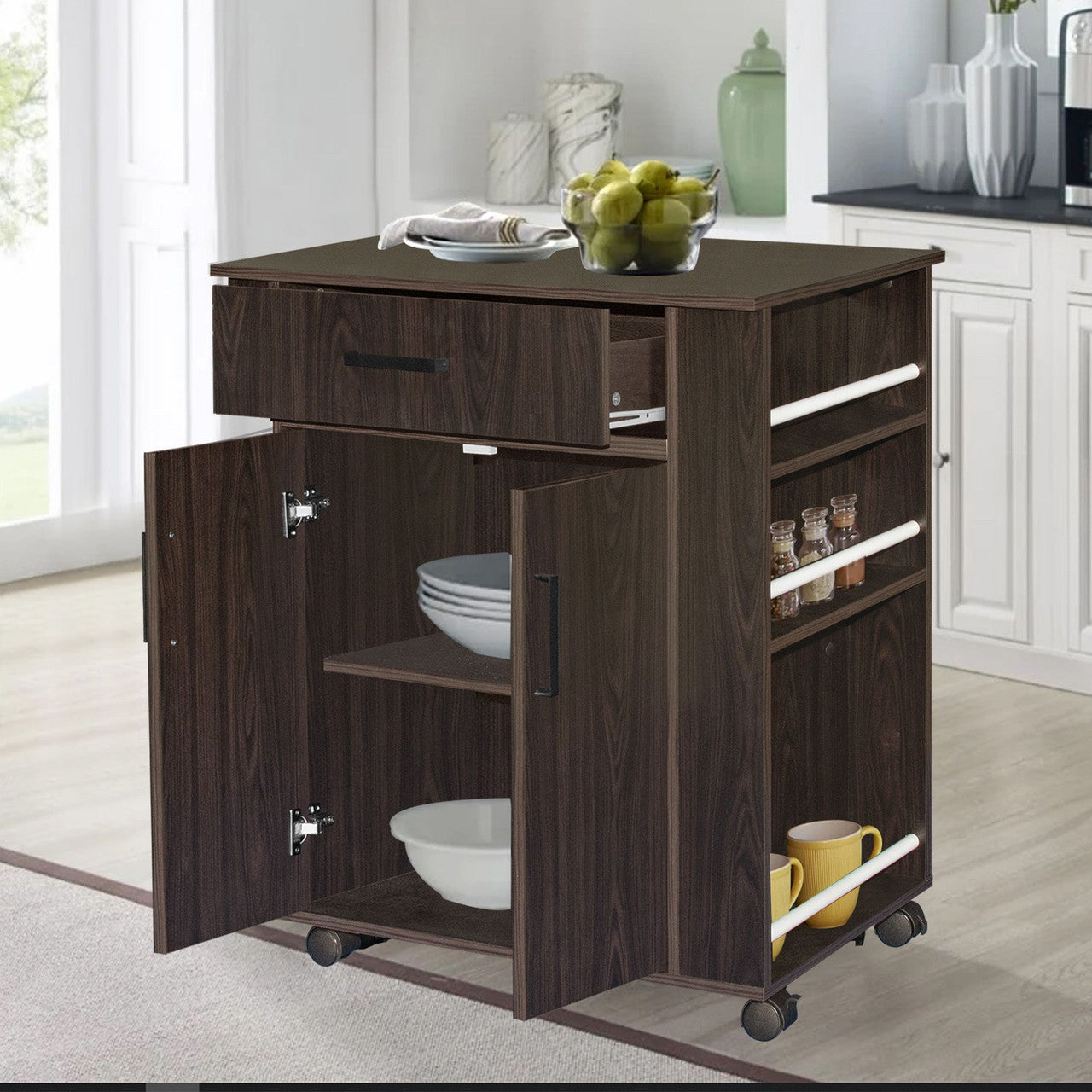 Go Green Woods Shelby Rolling Kitchen Cart with Storage Cabinet