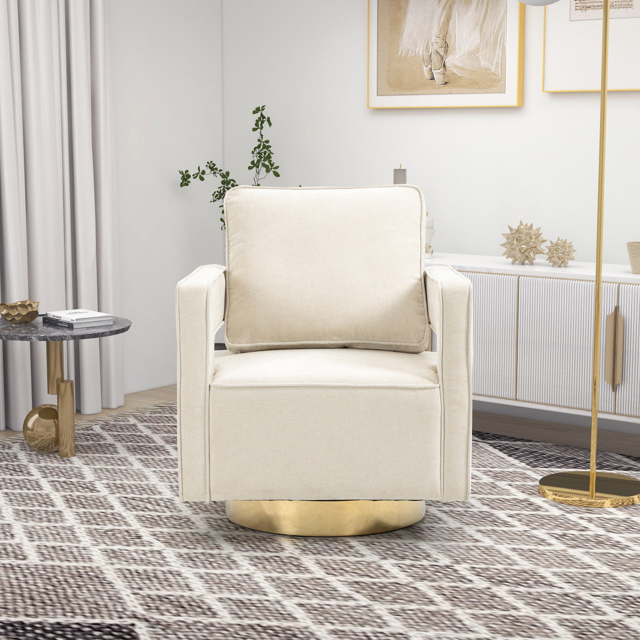Beige Chenille Open Back Swivel Chair