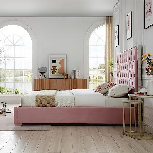 Go Green Woods Sophia Velvet King Bed with Silver Metal Frame