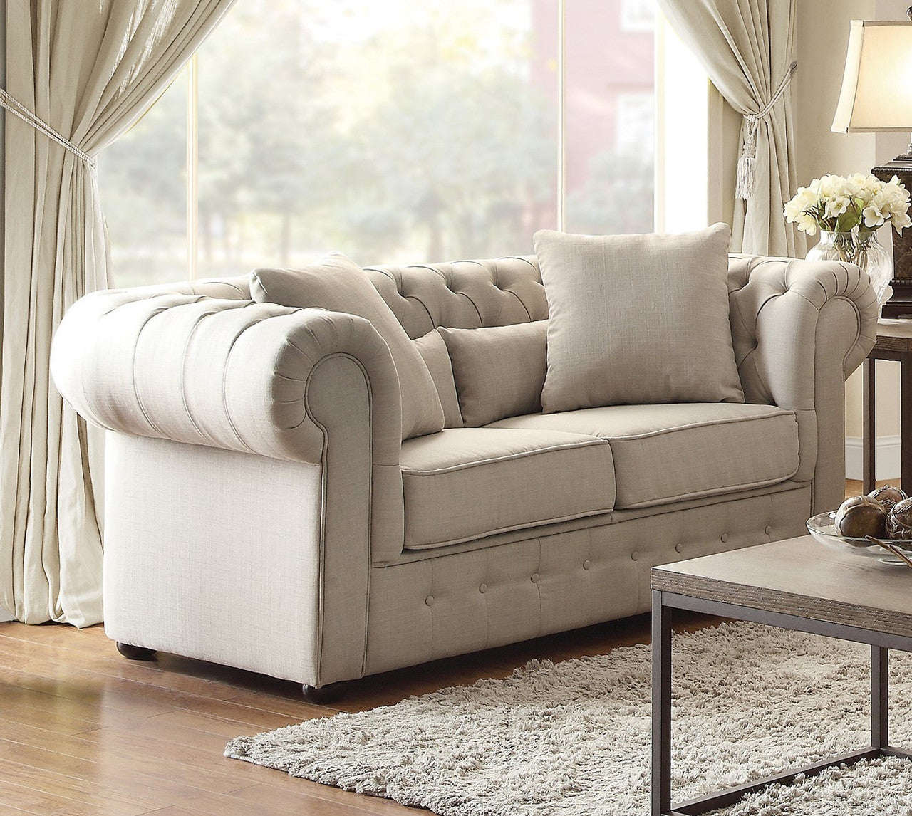 Classic Comfort Beige Button-Tufted Loveseat