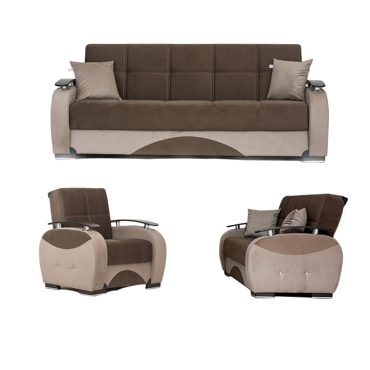 Besan Dark Beige Fabric w-Wood Arm Chair