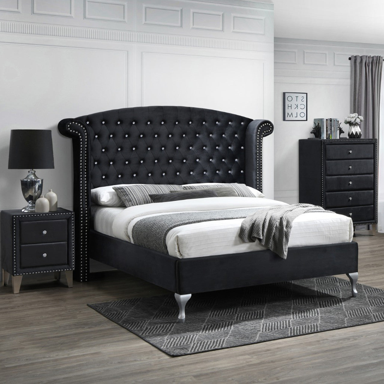 Go Green Woods Cleopatra Crystal Tufted Velvet Platform Queen Bed