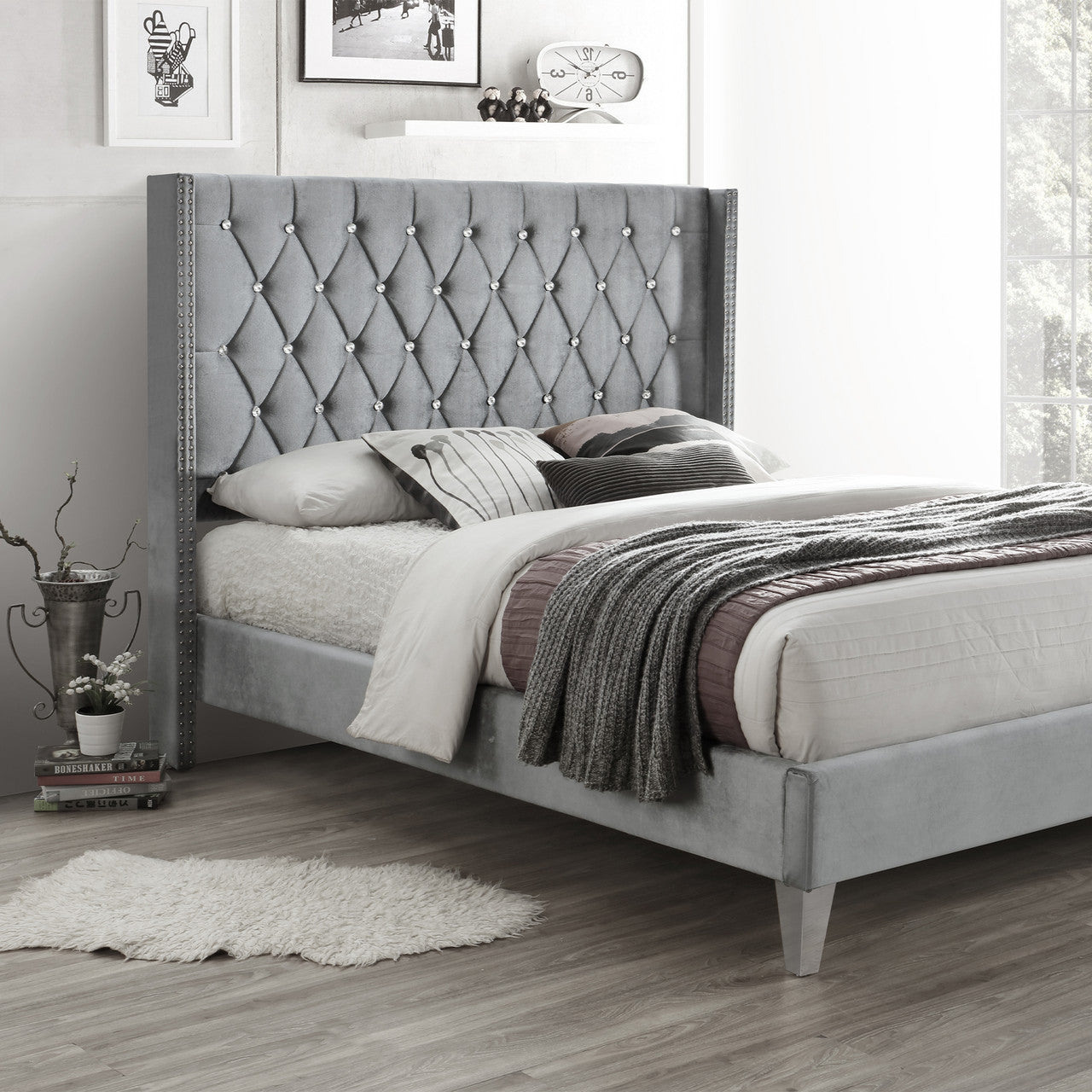 Go Green Woods Alexa Velvet Upholstered Queen Platform Bed