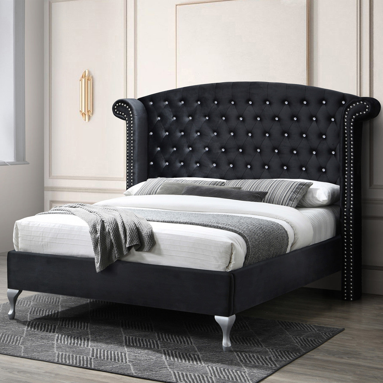 Go Green Woods Cleopatra Crystal Tufted Velvet Platform Queen Bed